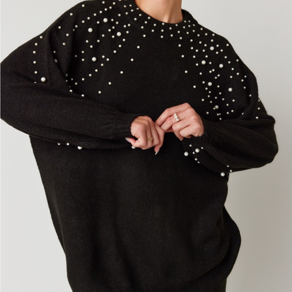 Black Sweater with Pearl Embellishments